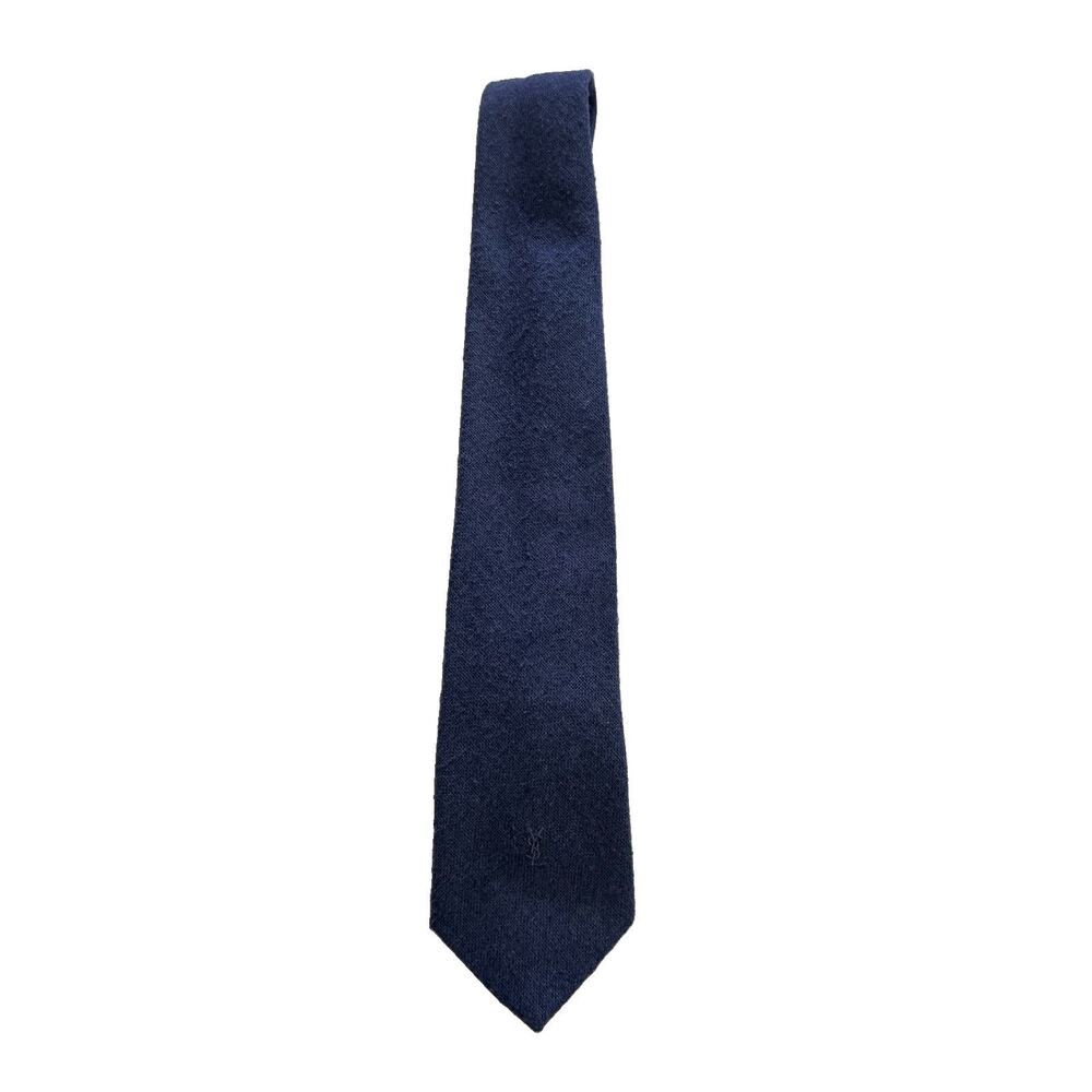 Vintage Yves Saint Laurent YSL Wool Blend Navy Blue Tie Logo 3 x 55 Designer